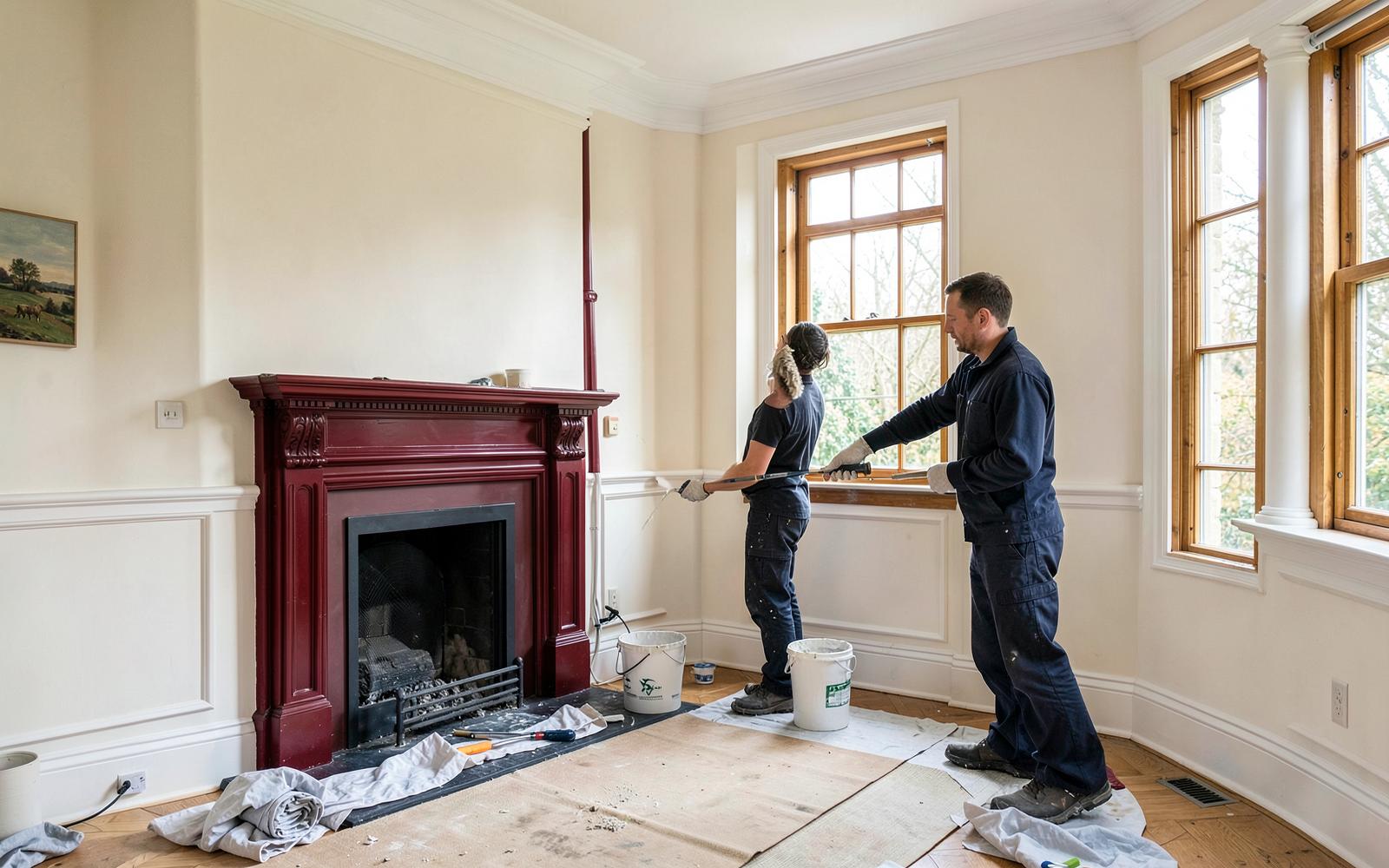 Professional decorators painting a period living room